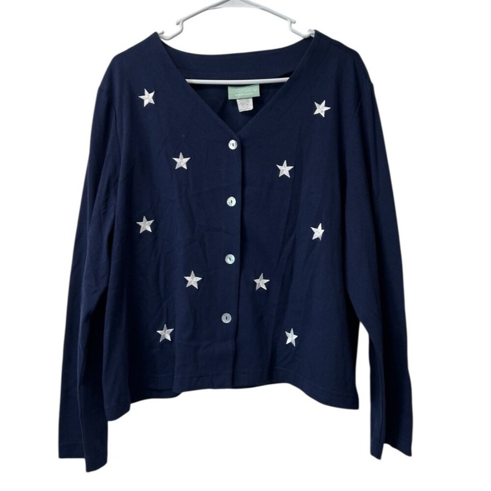 220 Hickory Womens Blue Cardigan Sweater Stars Patriotic Size Large‎ READ